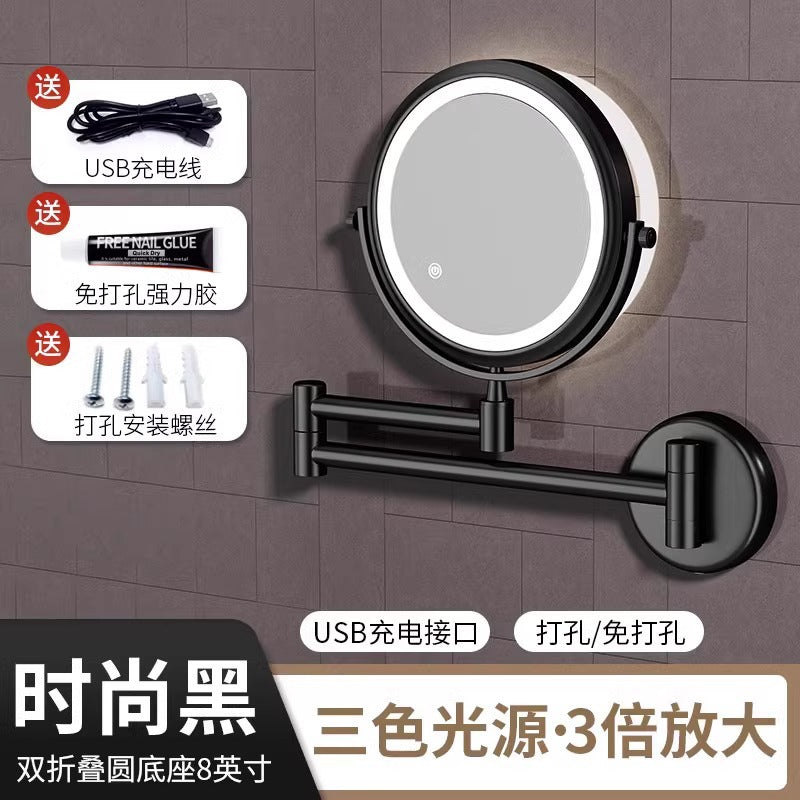Perforated magnifying glass bathroom with light makeup mirror high definition led free foldable dressing mirror wall hanging telescopic bathroom