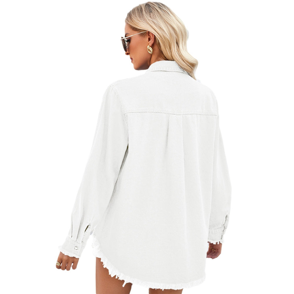 Fashion cross-border women's clothing  independent station new washed loose raw edge sequin flap pocket pants denim shirt tops