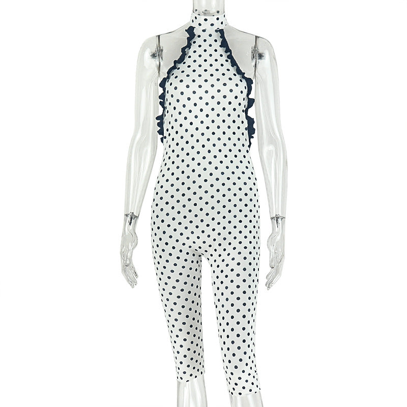 European and american style cross-border printed women's high-neck slim-fit summer jumpsuit backless low-waist tie-up trendy bodysuit wholesale