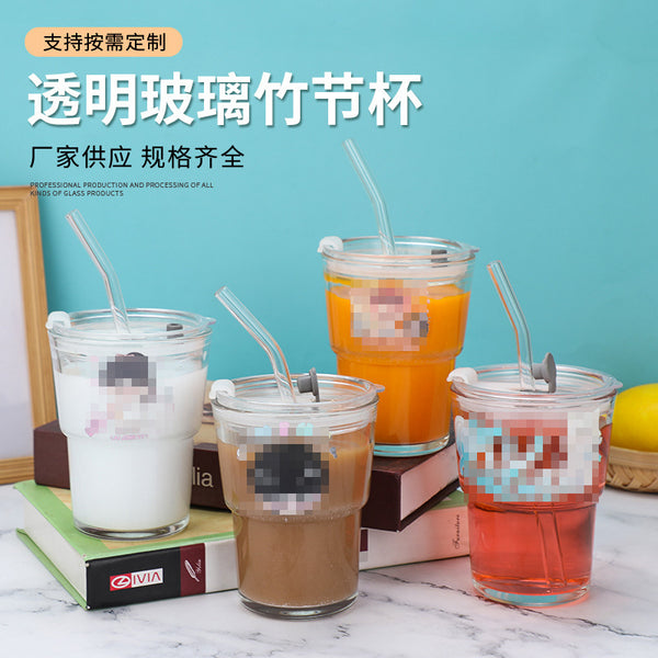 Cute Printed Cup Fashion Glass Bamboo Cup Household Juice Drink Cup with Straw Coffee Cup Creative