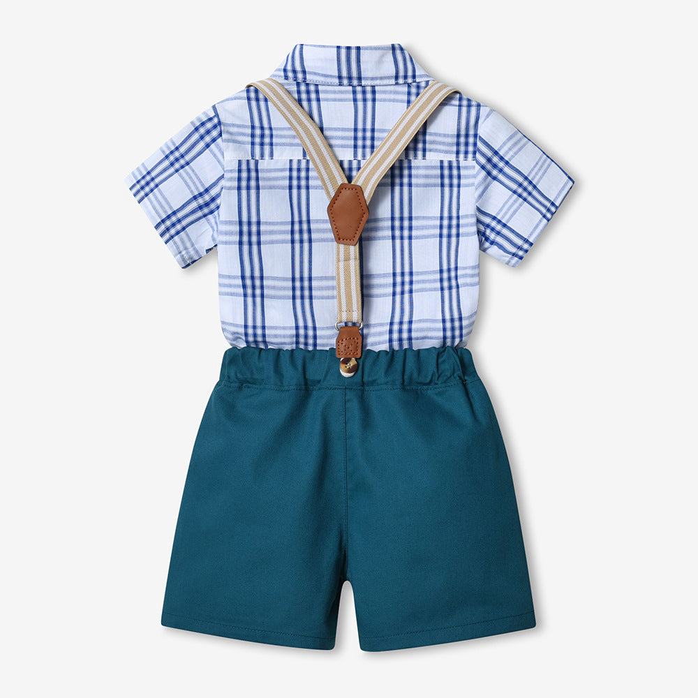 Boys' summer short-sleeve outfit: new summer gentleman's style, stylish baby trendy clothes, children's plaid shirt set