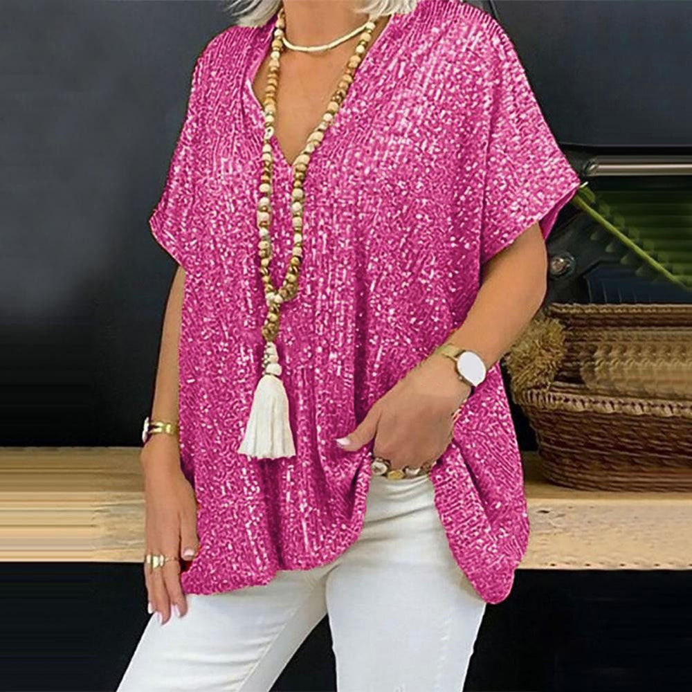 new european and american  style short-sleeve urban casual loose fit pullover sequin v-neck t-shirt top for women