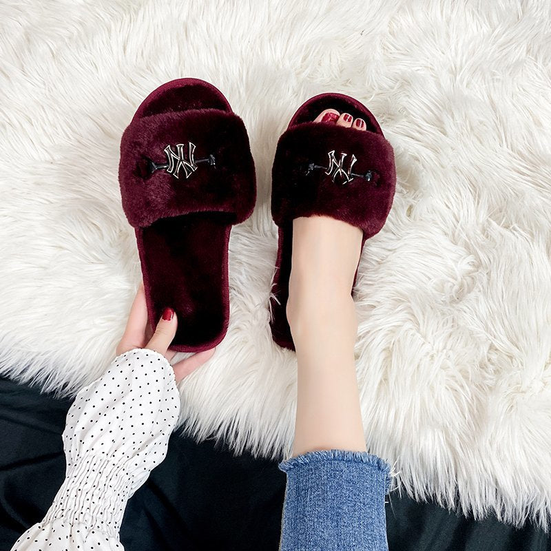 2024 new metal buckle fuzzy slippers women's autumn/winter home indoor flat warm cotton slippers