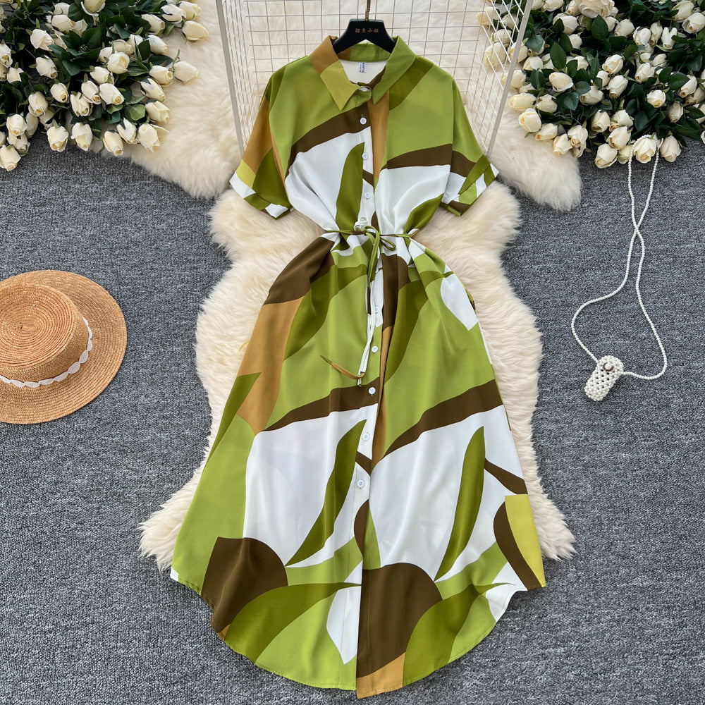 European and american style printed short-sleeve dress - women's autumn polo collar tie-waist design, unique and chic, elegant maxi dress