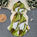 European and american style printed short-sleeve dress - women's autumn polo collar tie-waist design, unique and chic, elegant maxi dress