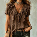 European and american style country polka dot blouse - v-neck, double-layer ruffle lace trim, tie-waist, loose fit, short sleeve top