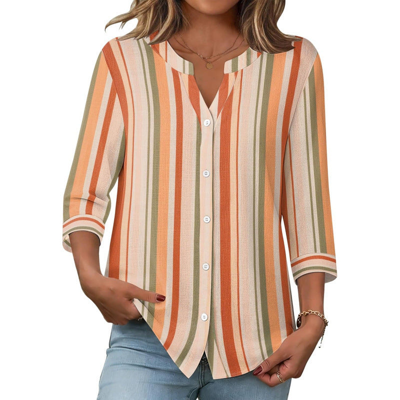 Amazon european goods  summer button-down shirt, three-quarter sleeve v-neck blouse, fashionable casual loose top