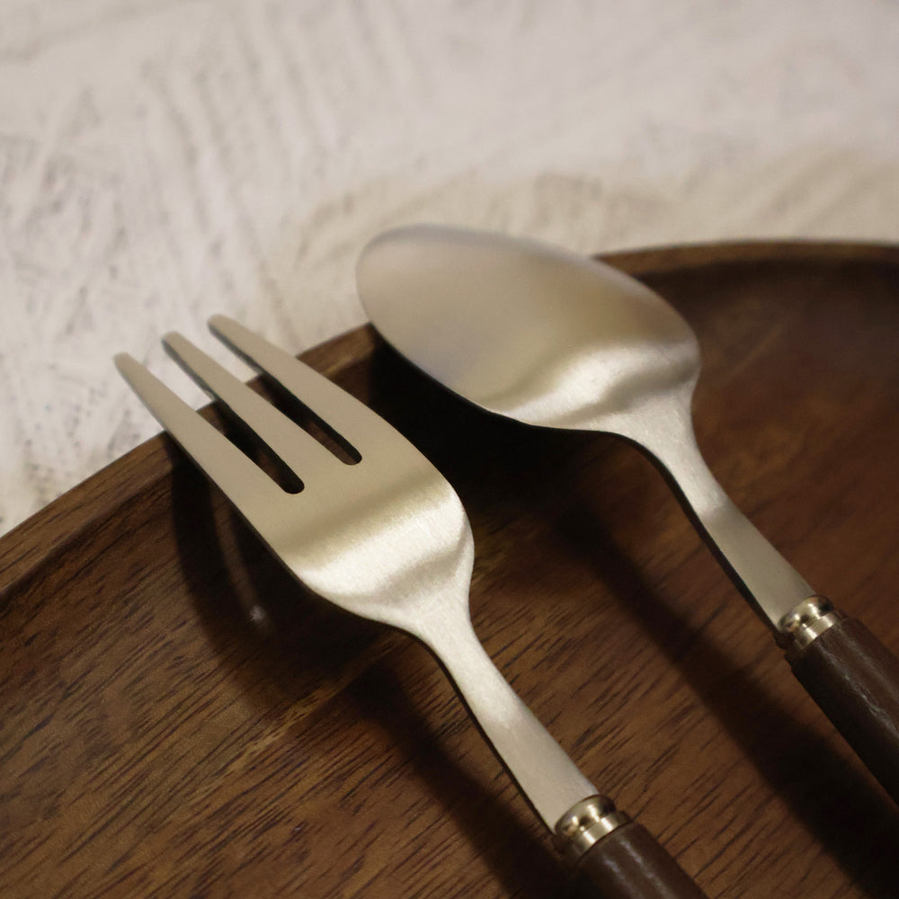 Walnut stainless steel dessert fork coffee spoon set - premium cutlery for home use - cake, fruit, and dessert forks with wooden handles