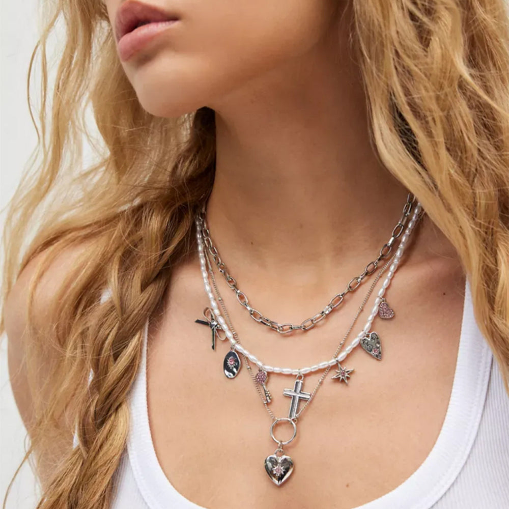 Wholesale faux pearl bowknot heart necklace - european & american cross-border fashion, sweet & cool, spicy girl style, cross pendant accessories