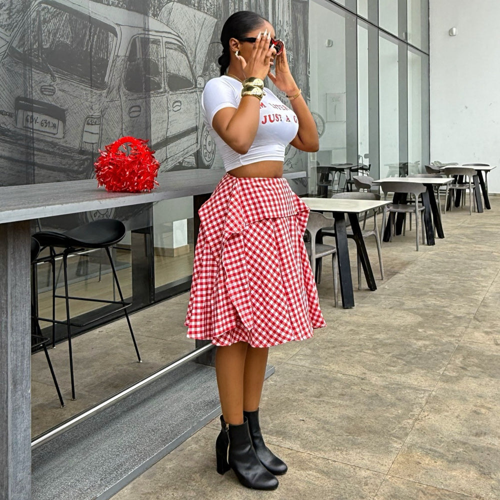 European and american cross-border women's fashion:  summer new arrivals - high-waisted, slimming, asymmetrical plaid midi skirt with unique design