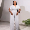 European and american women's clothing  autumn new sweet and fresh striped v-neck batwing sleeve high-waisted wide-leg jumpsuit