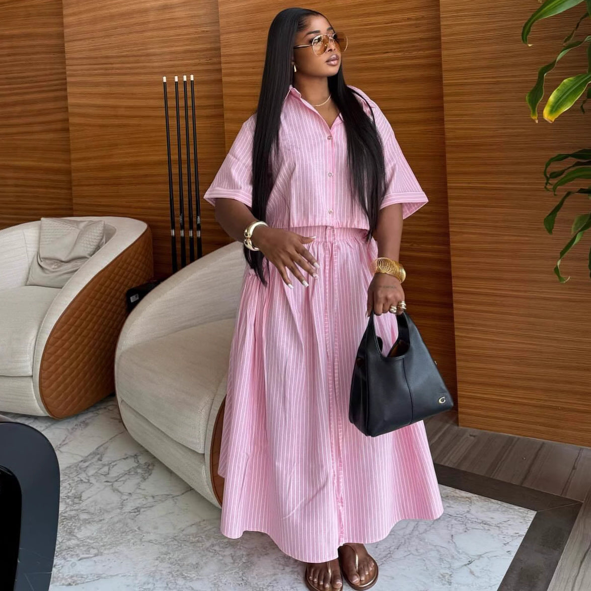 European and American lapel striped short-sleeved cardigan shirt high waist slim-fitting strap skirt African new fashion two-piece set