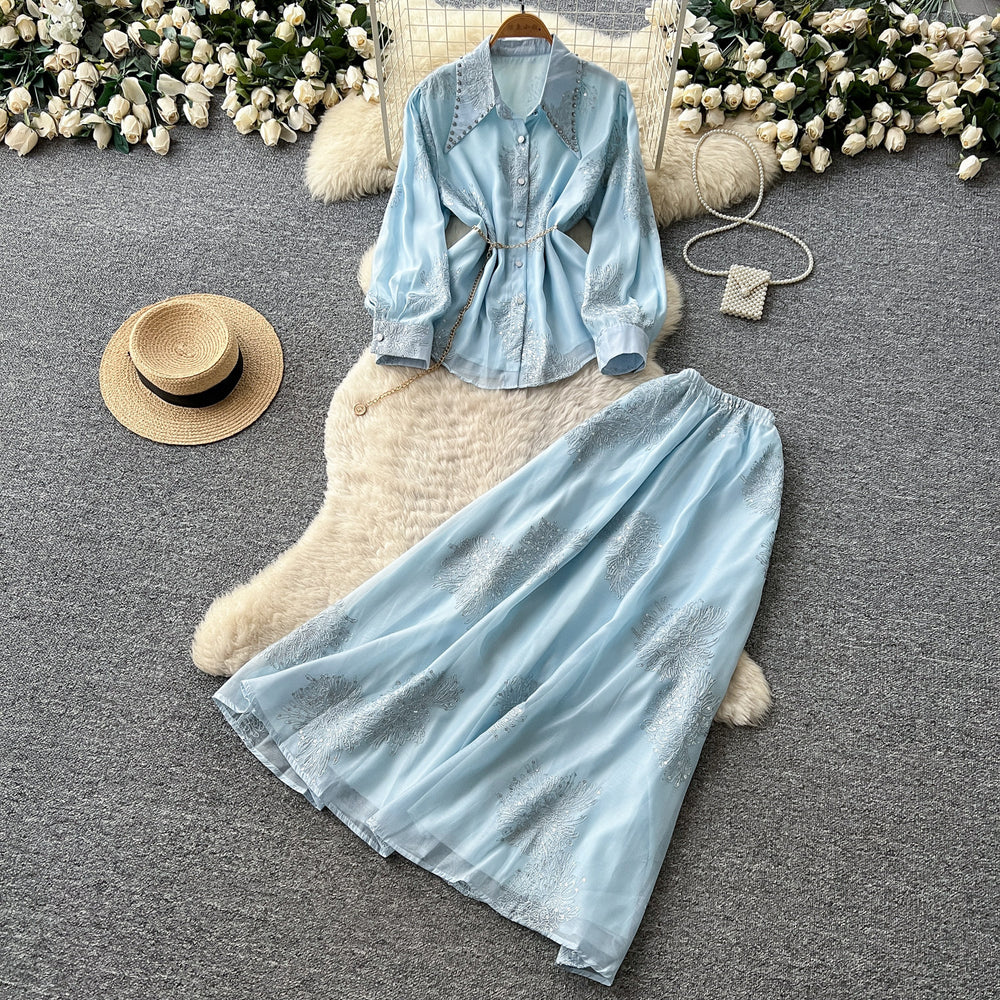 French chic embroidered mesh & rhinestone two-piece set - women's autumn long sleeve cinched waist tie-up high-end elegant outfit