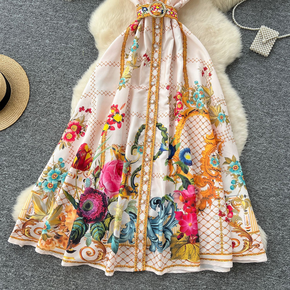 European and american retro court style v-neck sleeveless fashion placement print cinched waist slimming single-breasted long dress - spring collection