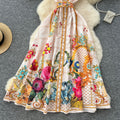 European and american retro court style v-neck sleeveless fashion placement print cinched waist slimming single-breasted long dress - spring collection