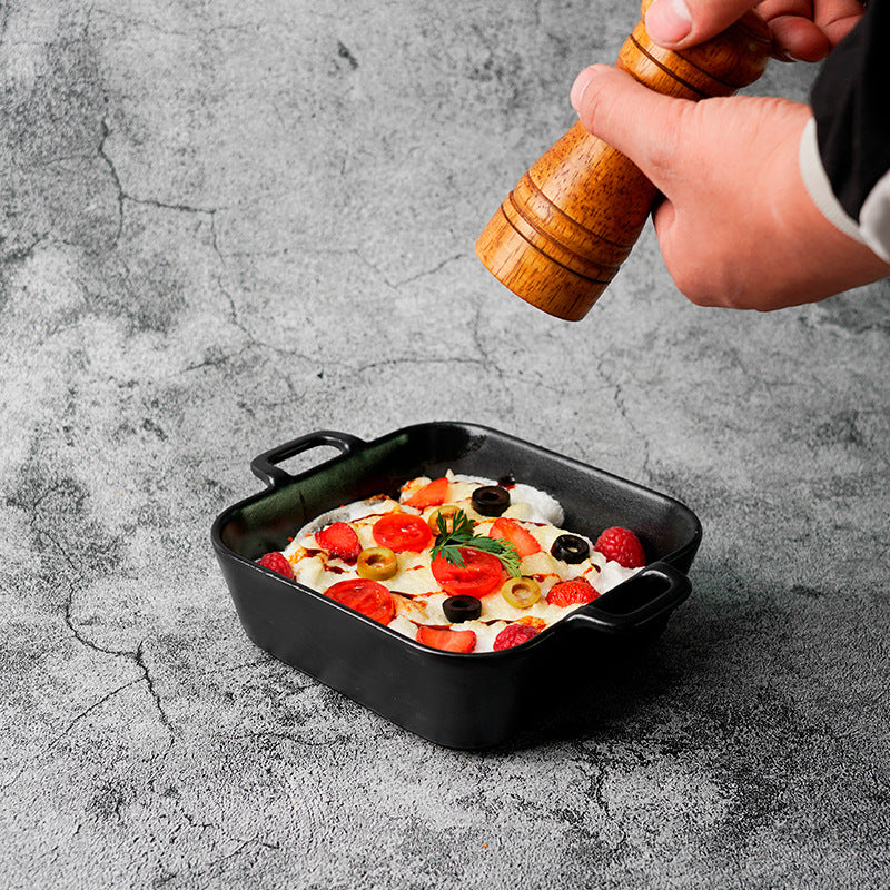Japanese creative double-ear ceramic for home oven plate microwave oven baking dish cheese rice dish direction matte black plate