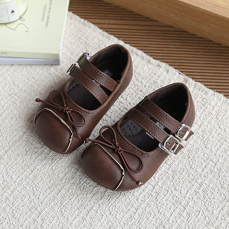 Vancahao  spring and autumn new girls' ins french style leather shoes children's bow princess shoes soft sole flats