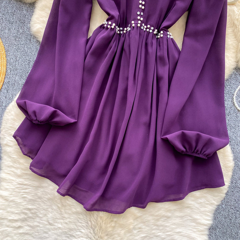 K-style heavy industry beading sexy pure desire dress women's summer purple v neck waist slimming lookelegant long skirt work clothing