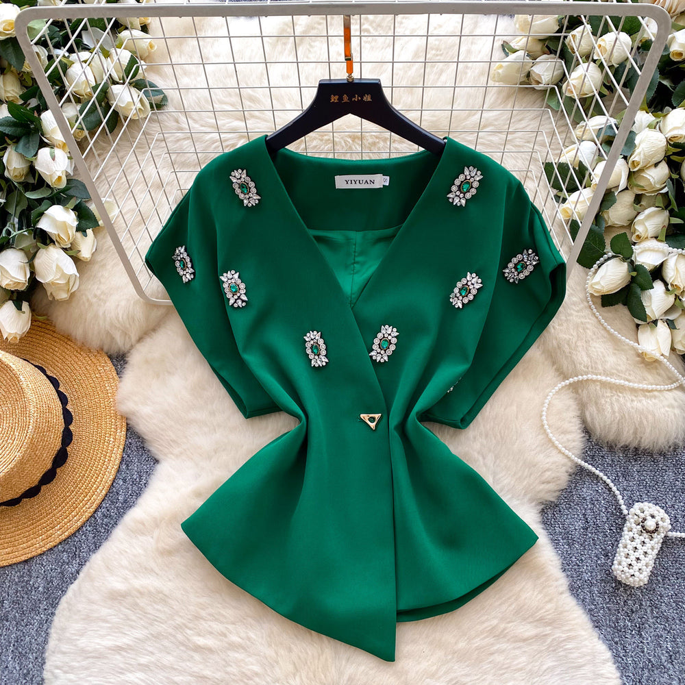 Sense of designasymmetrical heavy industry diamond-encrusted v neck short-sleeved shirt for women springniche style shawl outweartops trendy