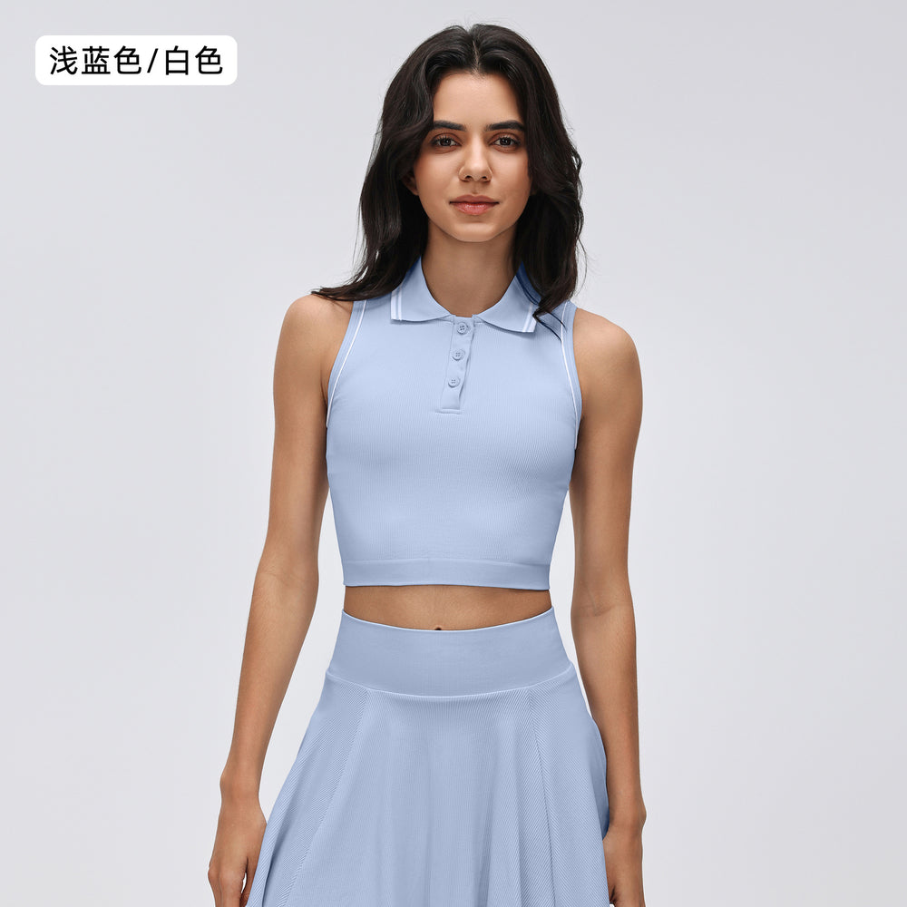 Seamless color block button-down collar sports tank top - women's fashionable and versatile top with built-in bra pads for fitness and yoga - d26078