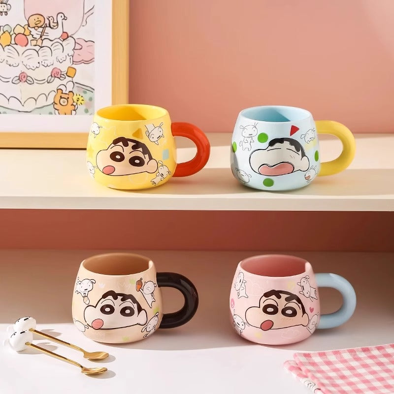 Crayon small new big belly mug with spoon gift box ceramic cup cute cartoon water cup high value coffee cup