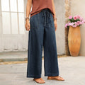 European and american style women's dark blue washed drawstring waist wide leg jeans - casual, oversized, with large patch pockets