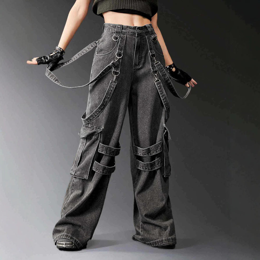 Amazon tiktok pinduoduo foreign trade cross-border fashion gothic style straps multi-pocket distressed gray workwear wide legs