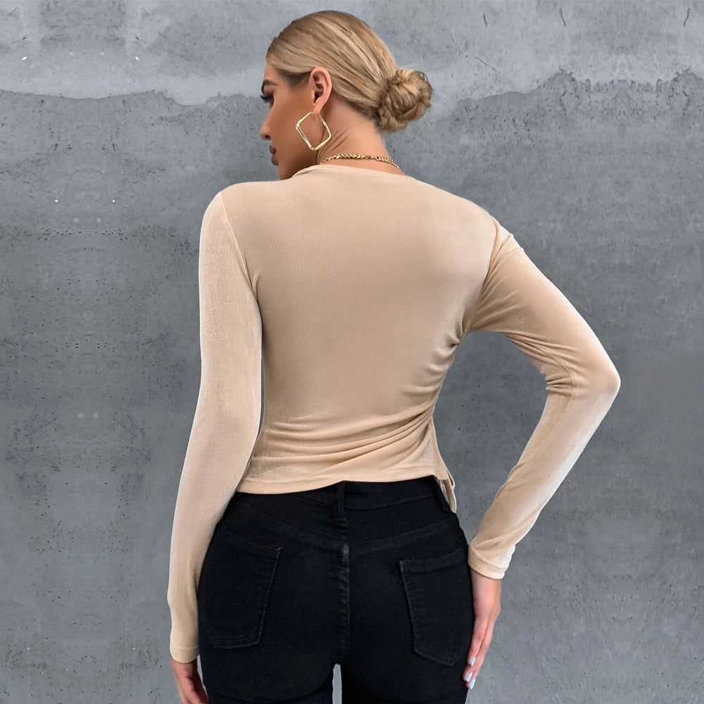 Cross-border Europe, America and the United States spring and summer 2024 new pleated slim round neck pullover glossy long-sleeved T-shirt knitted top women