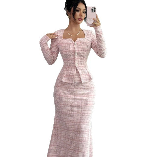 cross-border fashion lapel long-sleeve short plaid blazer & chic tweed dress set
