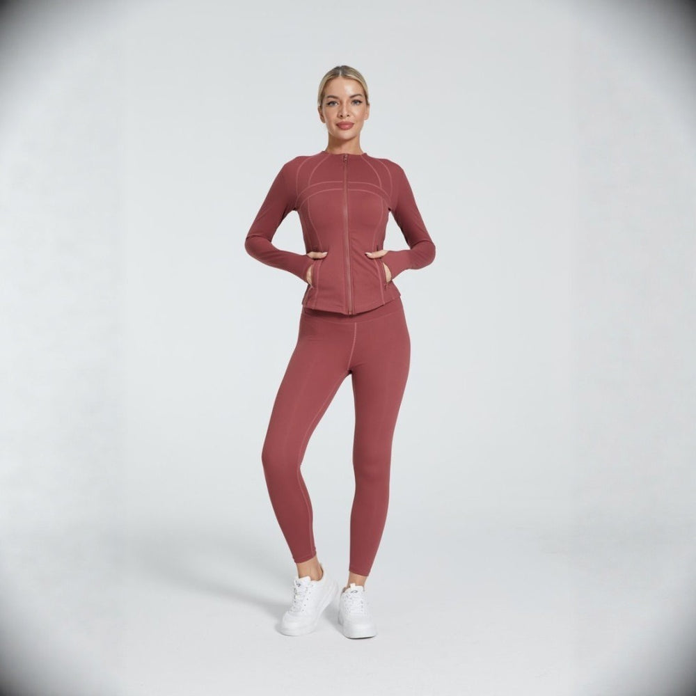 Ready-to-ship 3-piece lulu-inspired set: high-stretch, quick-dry, side-pocket zip-up jacket, bra, and leggings