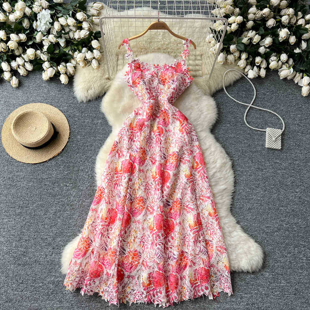 French court style floral print camisole dress - women's summer mesh hollow-out waist design, unique and chic maxi dress