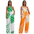C7371 cross-border   fashion women's summer casual textured one-shoulder striped jumpsuit