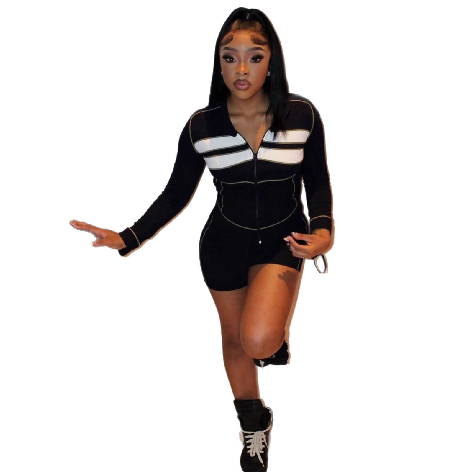 Cross-border Europe, America and 2025 new women's clothing waffle texture fabric contrasting color splicing cardigan drawstring shorts set