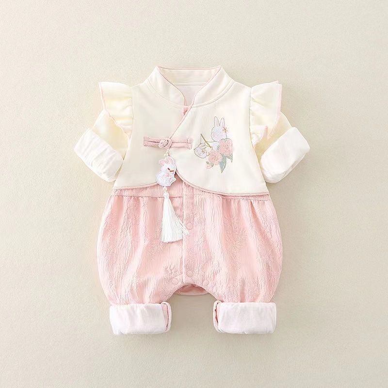 Newborn baby autumn outfit: girls' romper - perfect for full month, 100-day celebration, traditional chinese style, first birthday, chanel-inspired, outdoor wear, spring & autumn trendy style