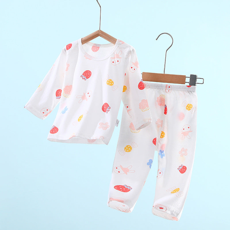 Baby pajamas for girls, summer lightweight style, boys' air conditioning suit, pure cotton girls' long-sleeved pajamas, baby spring/summer home air conditioning suit
