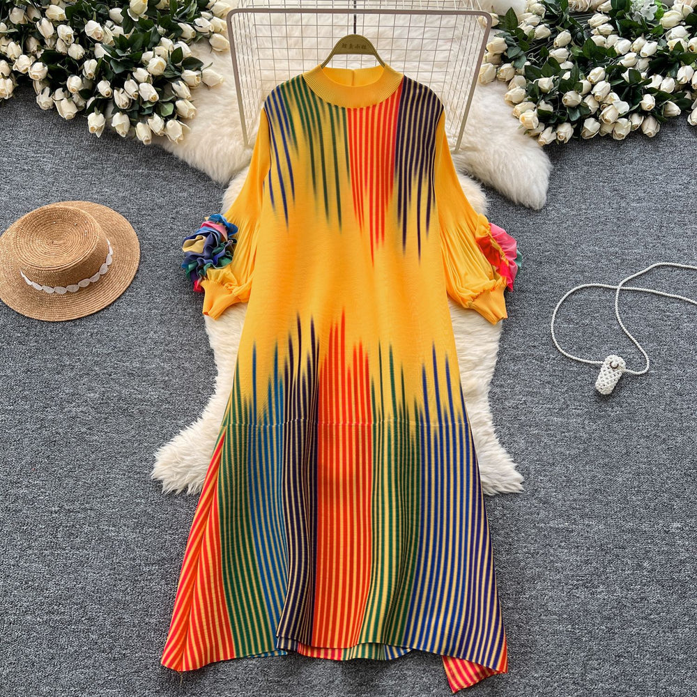 European and american chic gradient print dress - women's loose fit casual 3d floral lantern sleeve pleated maxi dress