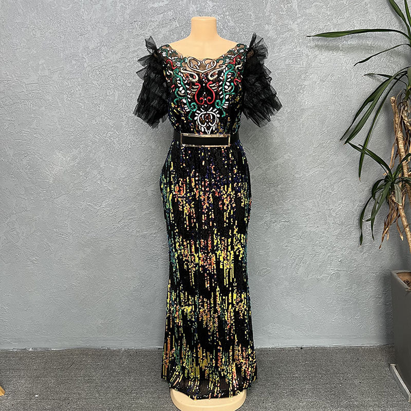 supply elastic sequin short-sleeved mermaid dress long skirt evening dress fashion african fashion women's clothing special price
