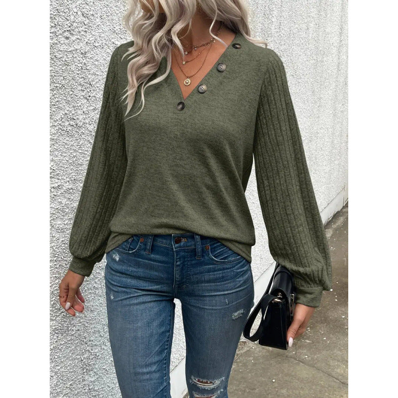 Shipped:  autumn new arrivals - women's button-decorated, patchwork v-neck t-shirt pullover for cross-border fashion in europe and the us