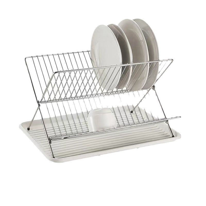 X-shaped foldable dish rack, double-layer kitchen drainer, countertop dish drying rack with water collection tray, kitchen utensil organizer