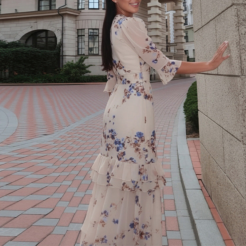 women's summer new arrivals:  cross-border fashion - european & american style, vintage print, bubble sleeve, slit dress