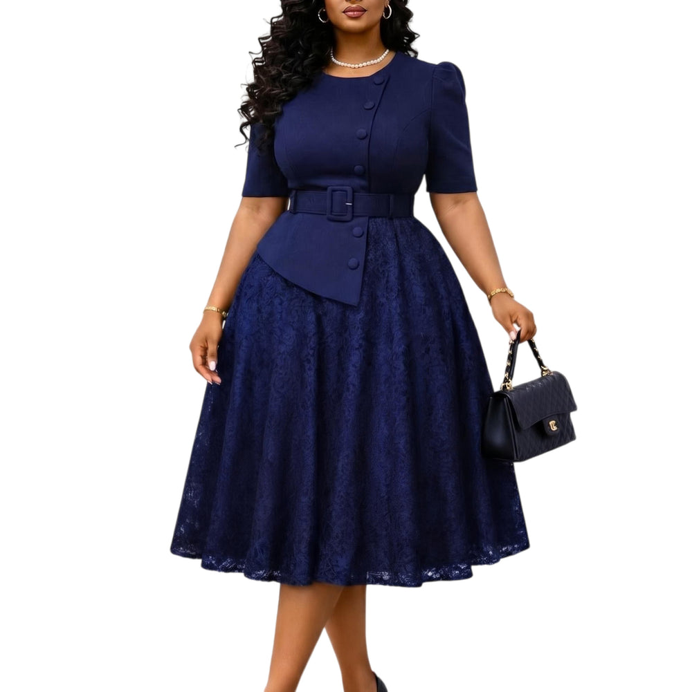 D637 european and american style women's clothing  summer new fashionable socialite lace patchwork high-waisted plus size faux two-piece dress