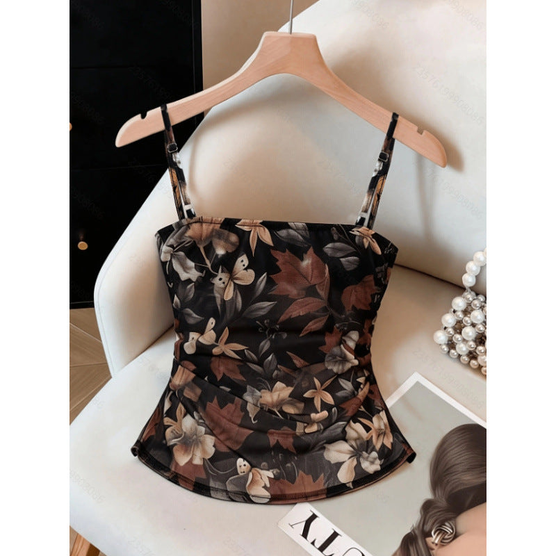 Women's summer new fashion versatile elegant mesh floral print ruched cami top