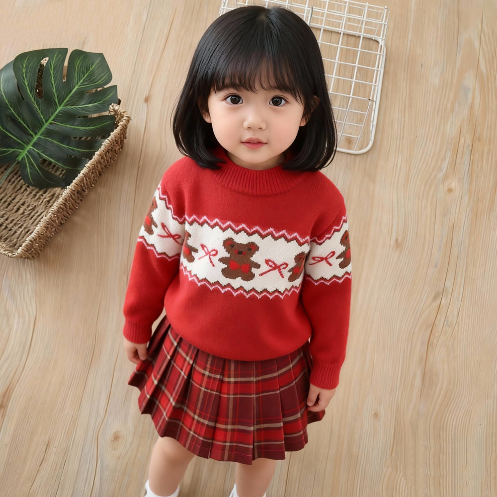 Girls' fall/winter sweater: thickened red base layer with bow and bear design - winter knitted wool sweater for big kids