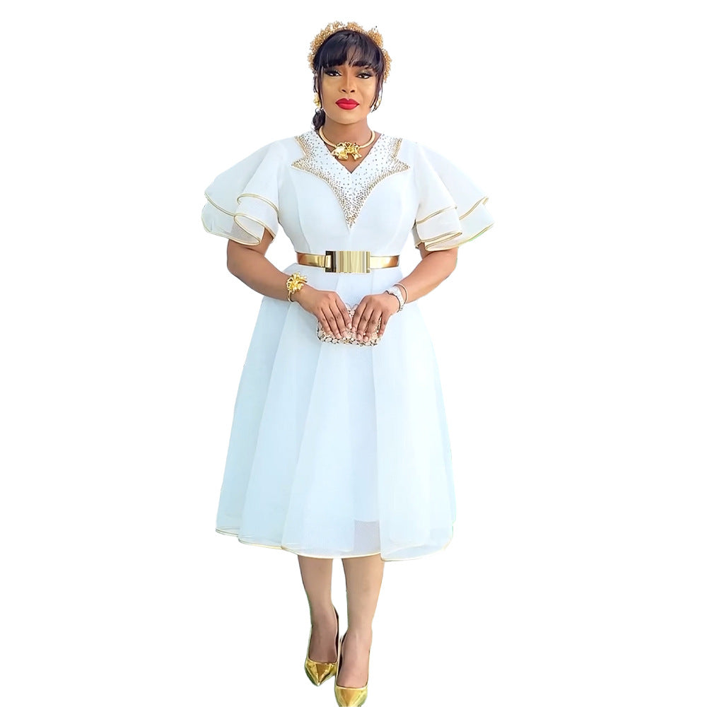 Fashion cross-border export african women's clothing plus sizev neck hip skirt  high waist bubble bead dress comes with belt
