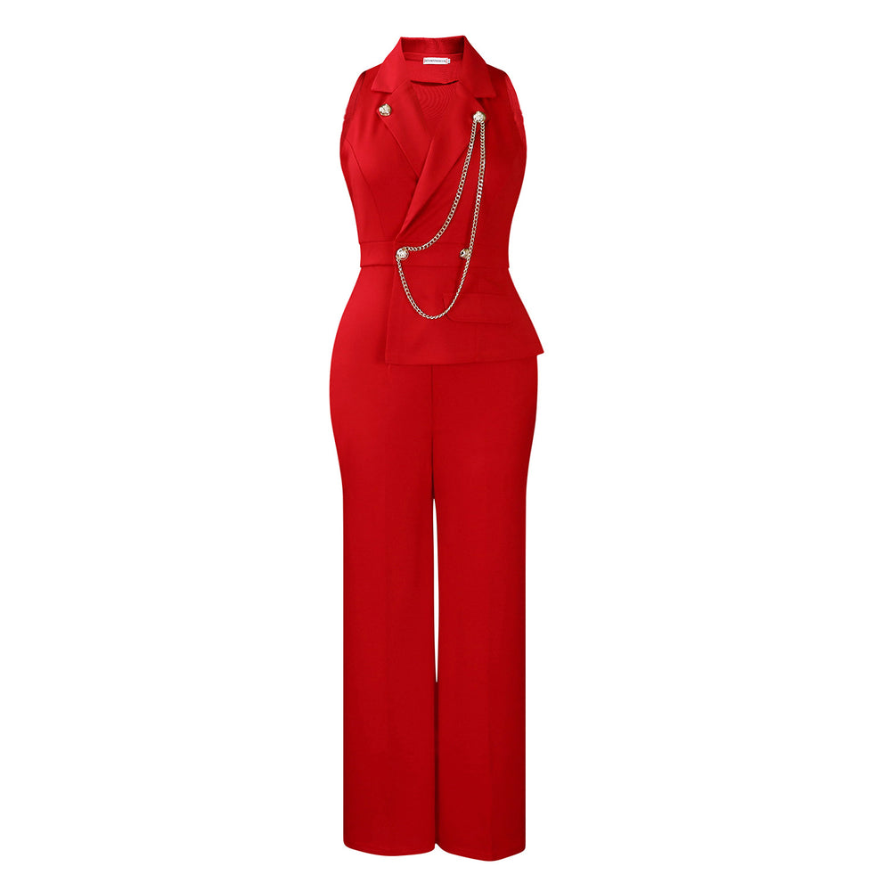 C8604export women's clothing  fashion suit collar sexy fashion chain casual wide leg african jumpsuit