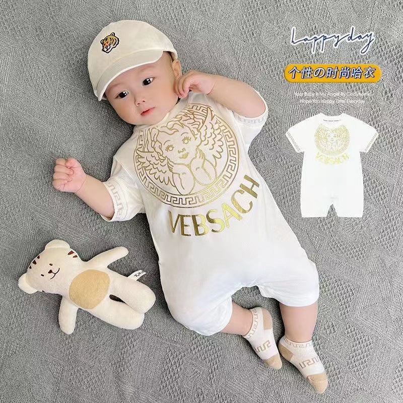 Baby romper summer thin style boy's crawling suit short sleeve onesie summer outfit gold foil print outdoor jumpsuit