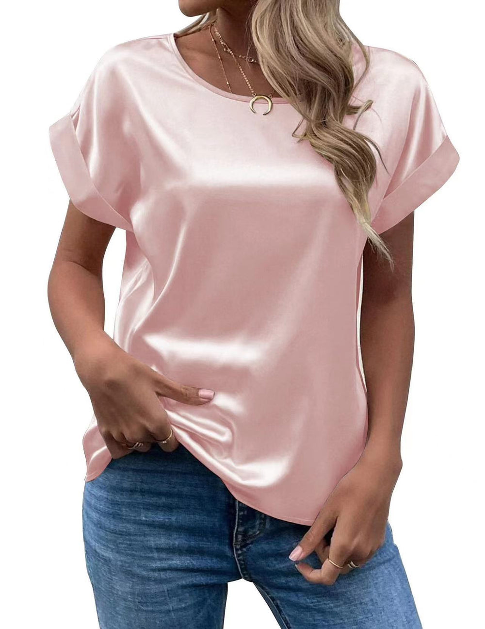 Women's short-sleeve satin blouse - relaxed fit, versatile crew neck, satin shirt - cross-border   new arrival