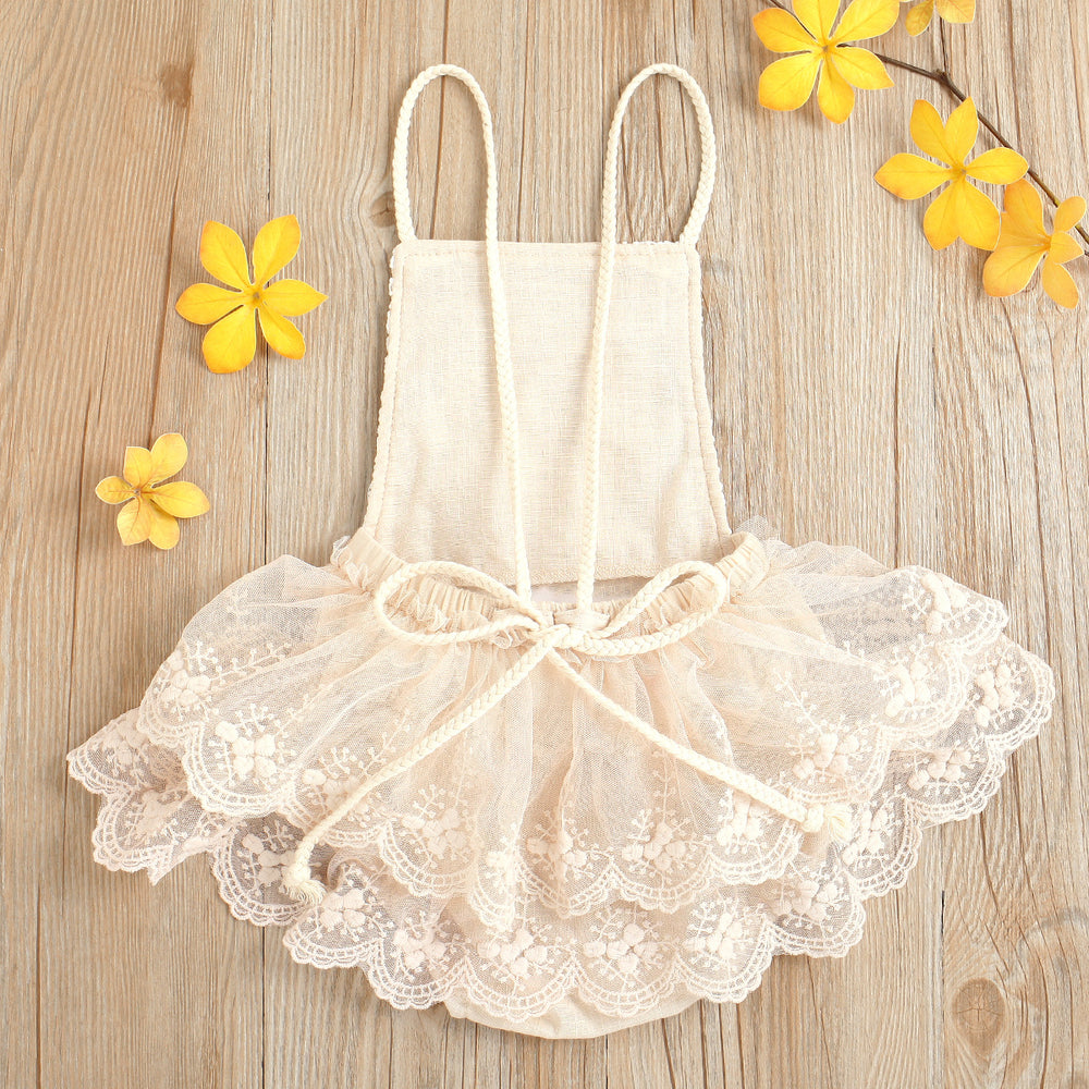 Fashion cross-border exclusive supply of children's clothing, baby one-piece suit, tie back mesh, lace lace, baby triangle romper, summer
