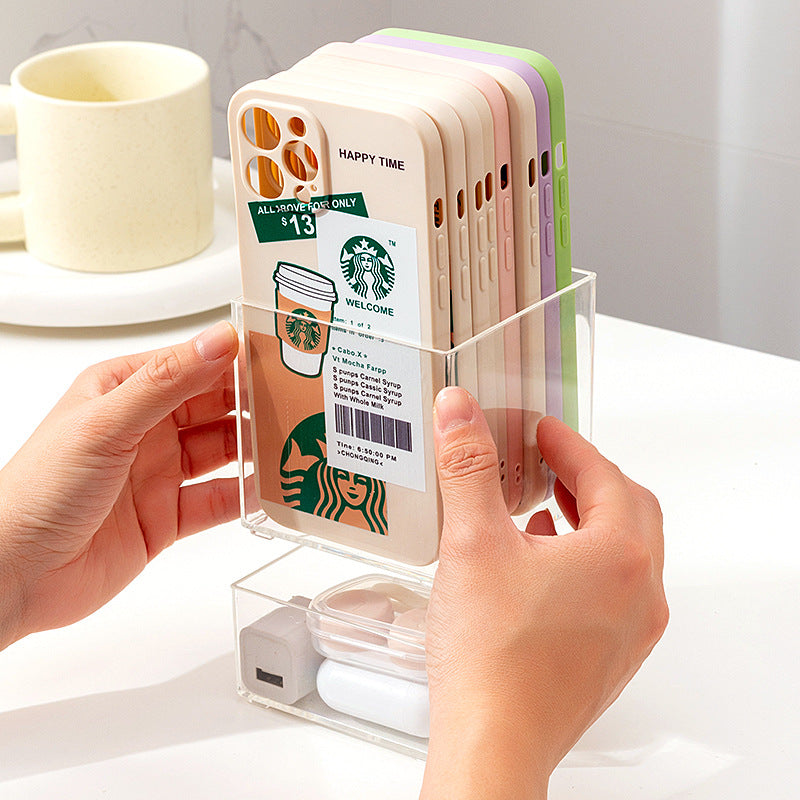 Desktop mobile phone case, sticky note transparent storage box, plastic large-capacity data cable, earphone mini wall-mounted storage box.