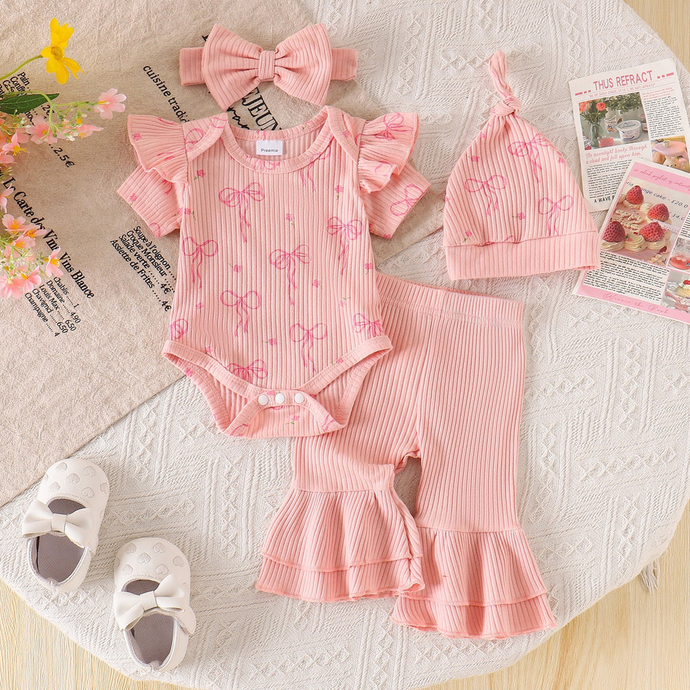 new product european and american summer bow printing pink flared pants cute baby children's clothing suit wholesale